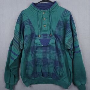 Vintage 90s Anorak Pullover Sweatshirt‎ 1/4 Button Large Green Navy Plaid